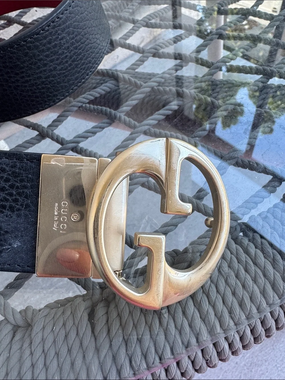 Gucci Black and Red Reversible Leather Belt with Gold GG Buckle